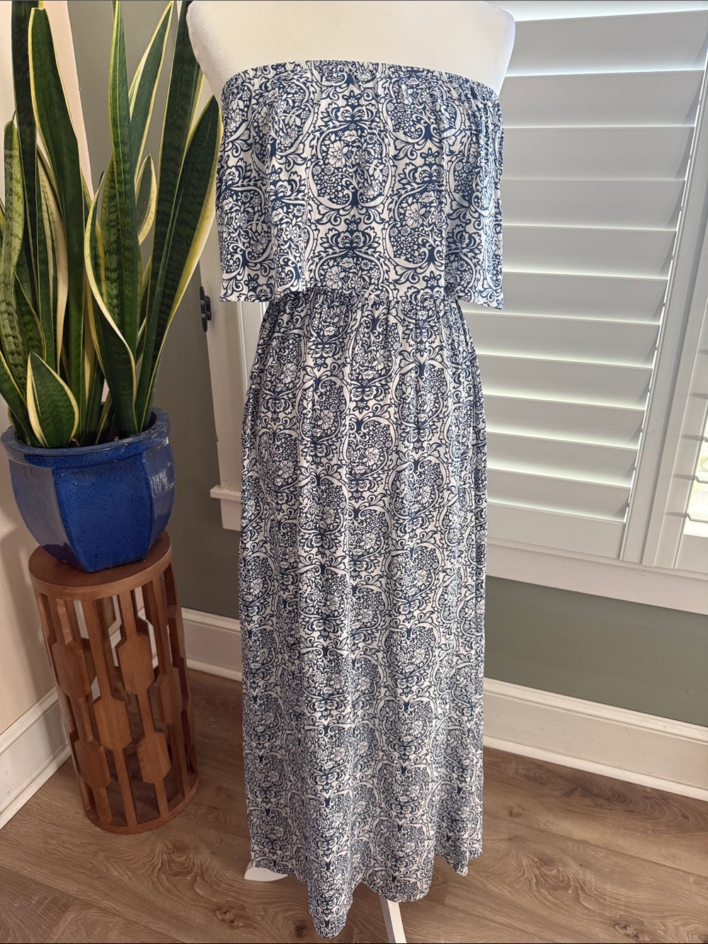 Strapless Blue & White Printed Maxi Dress